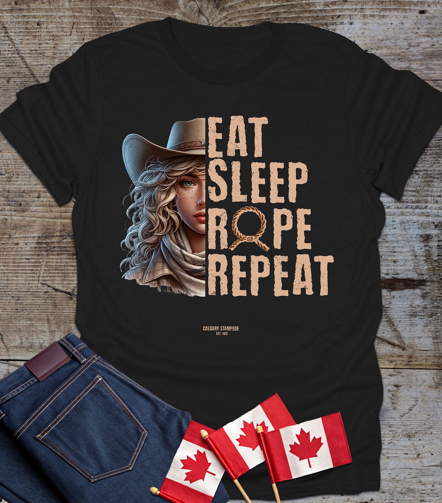 Eat Sleep Rope Repeat Cowgirl T-Shirt - Softstyle Tee for Rodeo Fans