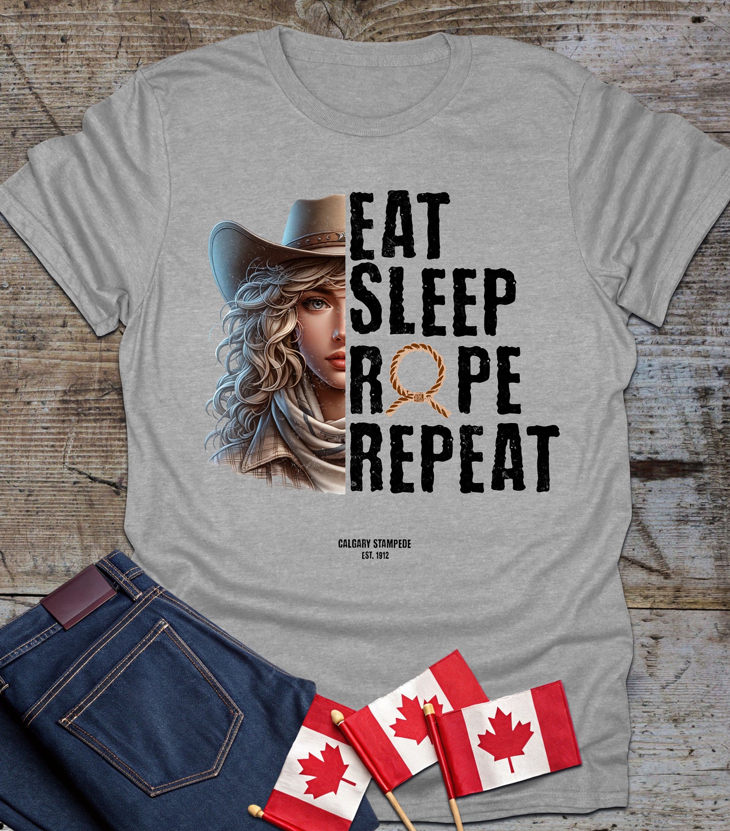 Eat Sleep Rope Repeat Cowgirl T-Shirt - Softstyle Tee for Rodeo Fans