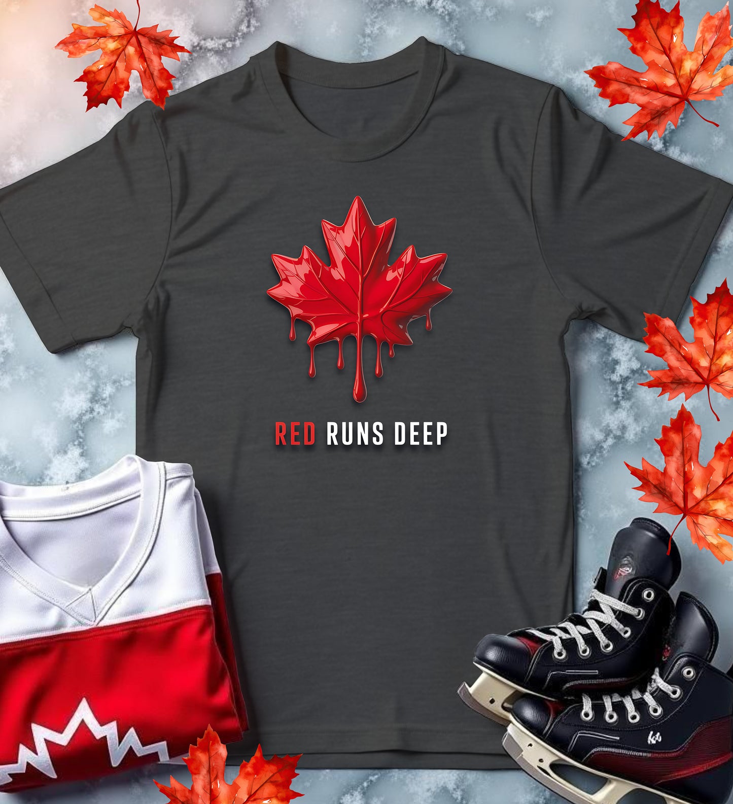 "Red Runs Deep" Dripping Maple Leaf T-Shirt