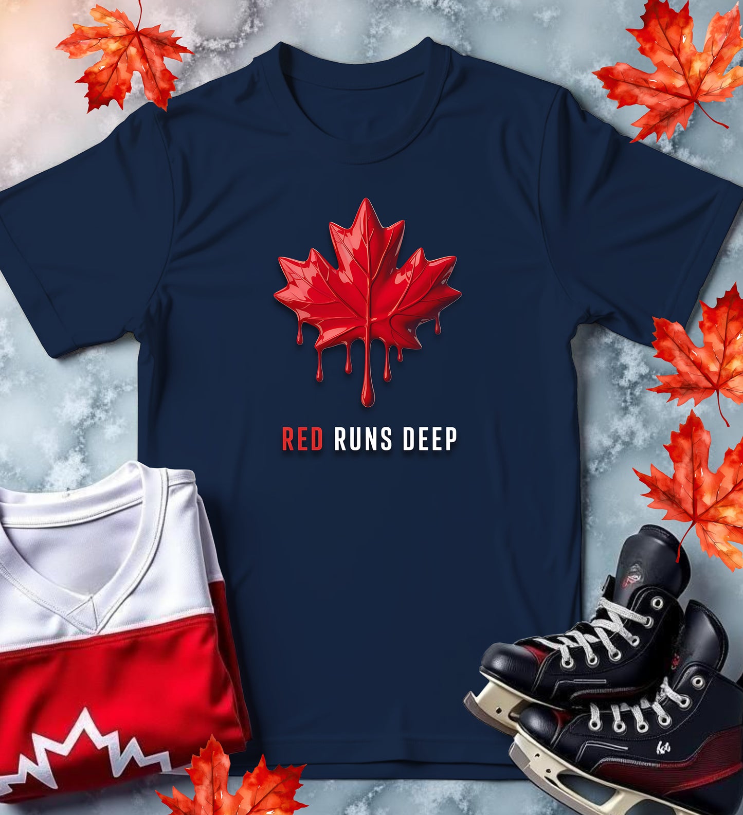 "Red Runs Deep" Dripping Maple Leaf T-Shirt
