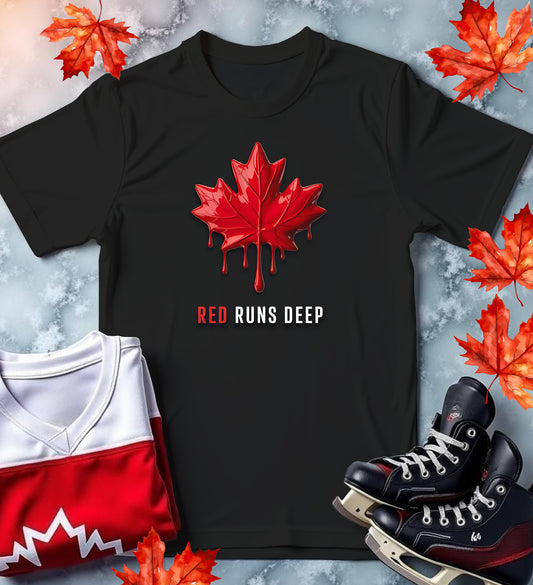 "Red Runs Deep" Dripping Maple Leaf T-Shirt